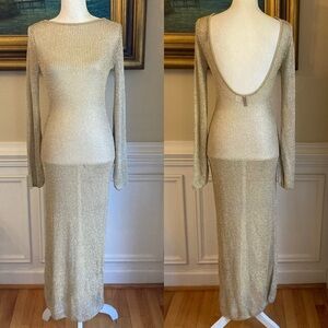 H&M Gold Metallic Lurex Knit Long Sleeve Open Back Maxi Swim Cover Dress
